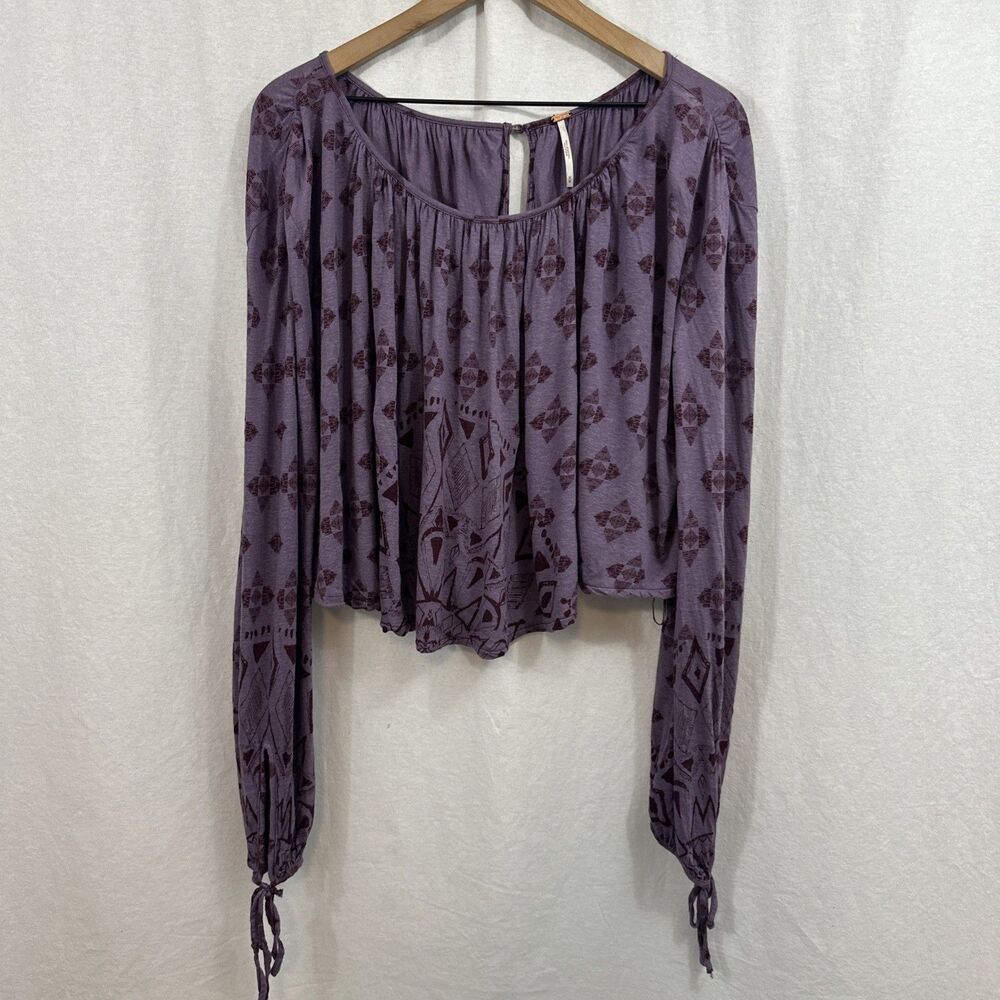 Free People Dazed Linen Blend Boho Festival Purple Crop Balloon Sleeve Top Sz M